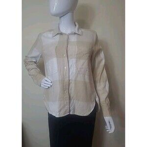 Loft Flannel Plaid Button Up Shirt Womens Size Small Tan & White High Low Hem
